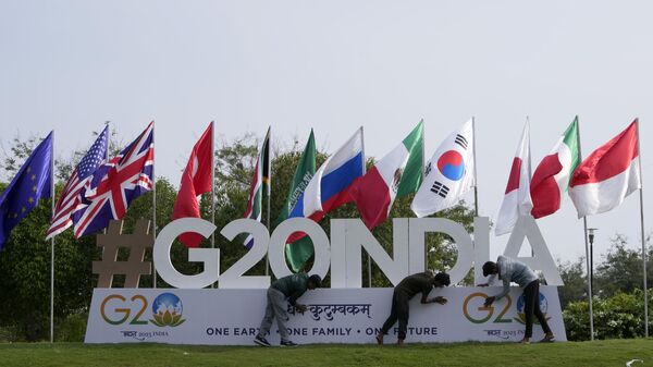 Workers install a logo ahead of G20 meeting in Gandhinagar, India - Sputnik India