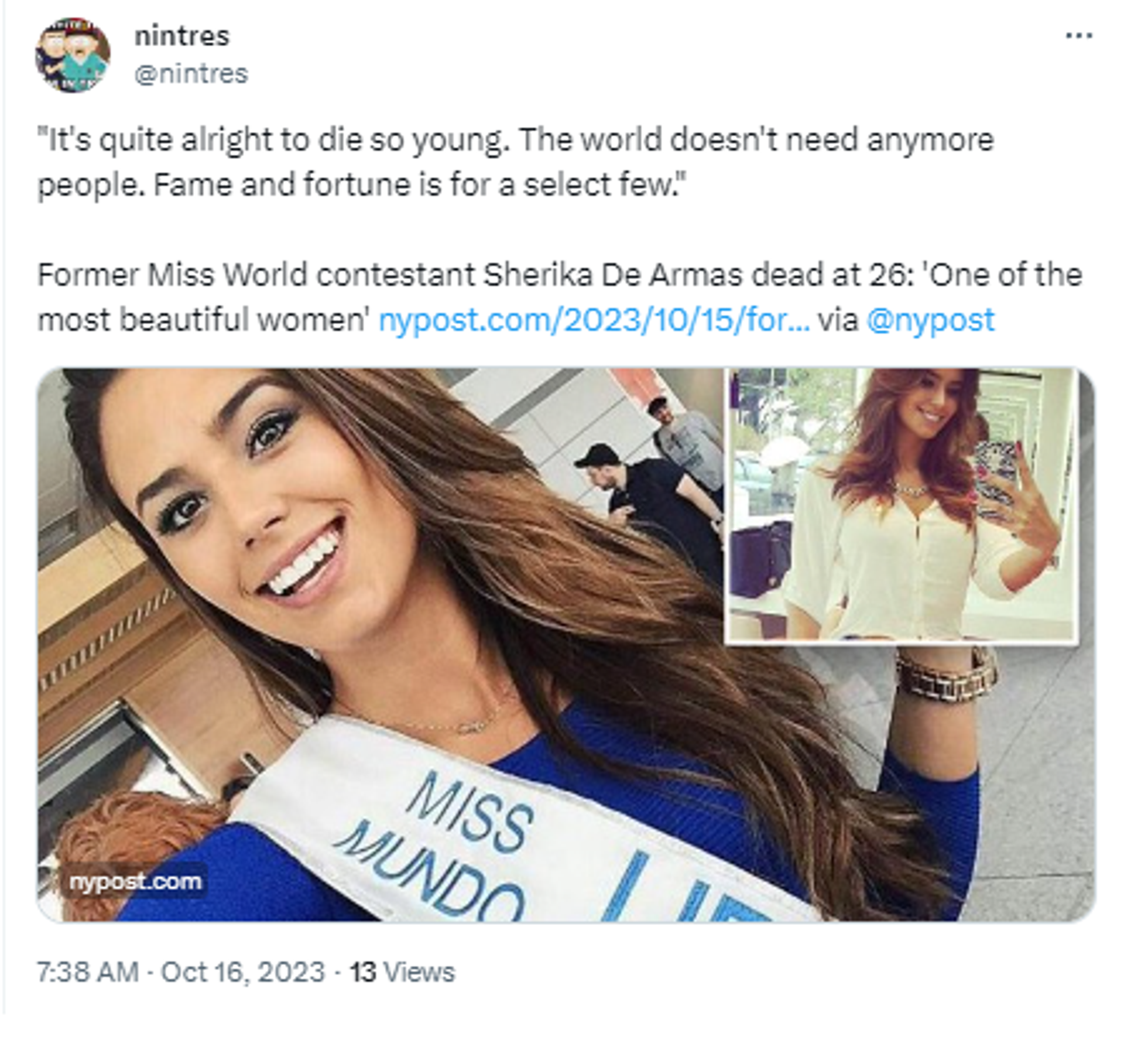 Sherika De Armas, former contestant, Miss World pageant, entrepreneur, makeup brand, Shey de Armas Studio, Former Miss World Contestant From Uruguay Dies, battling cervical cancer, treatment, Mayk' De Armas, Miss Universe Uruguay 2022 Carla Romero, Miss Uruguay 2021 Lola de los Santos, Netizens, fashion industry - Sputnik India, 1920, 16.10.2023