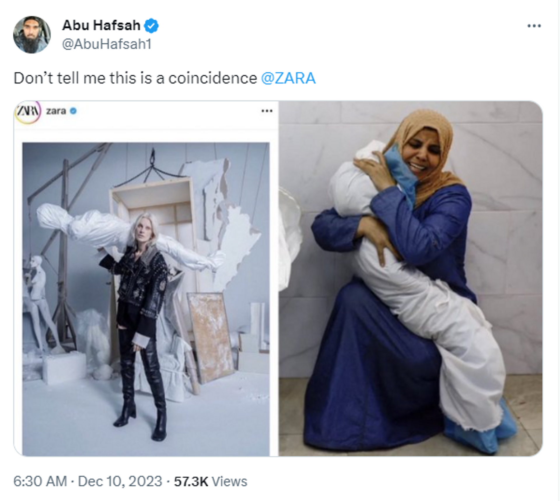Zara Model on right, netizen comparing its resemblance with Palestinian crisis.  - Sputnik India, 1920, 11.12.2023