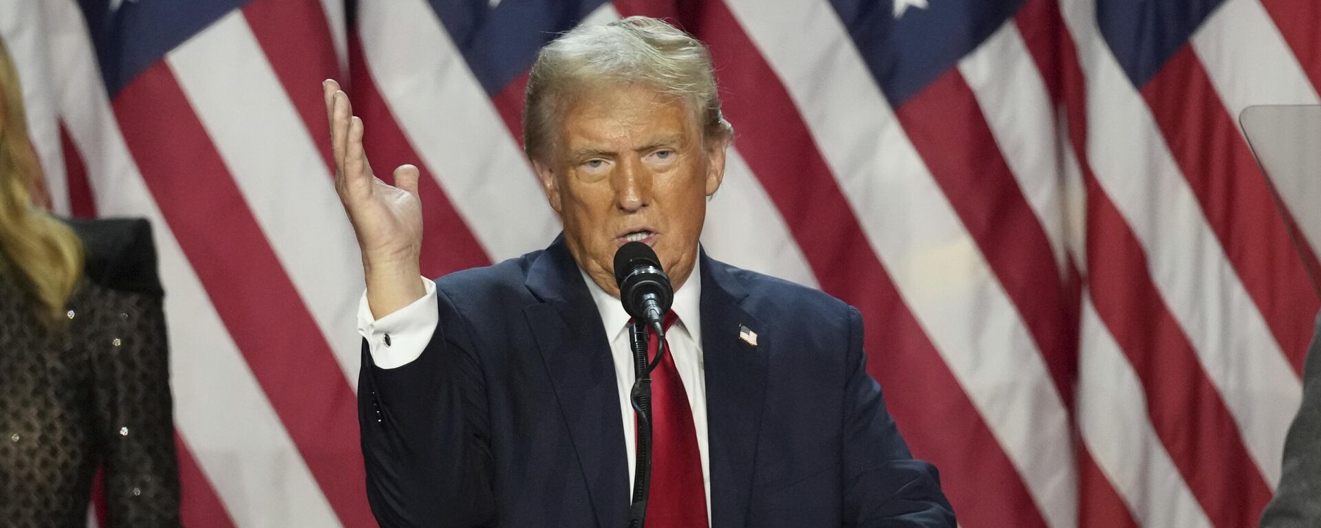 Republican Presidential nominee former President Donald Trump speaks at the Palm Beach County Convention Center during an election night watch party, Wednesday, Nov. 6, 2024, in West Palm Beach, Fla. (AP Photo/Lynne Sladky) - Sputnik India, 1920, 11.11.2024